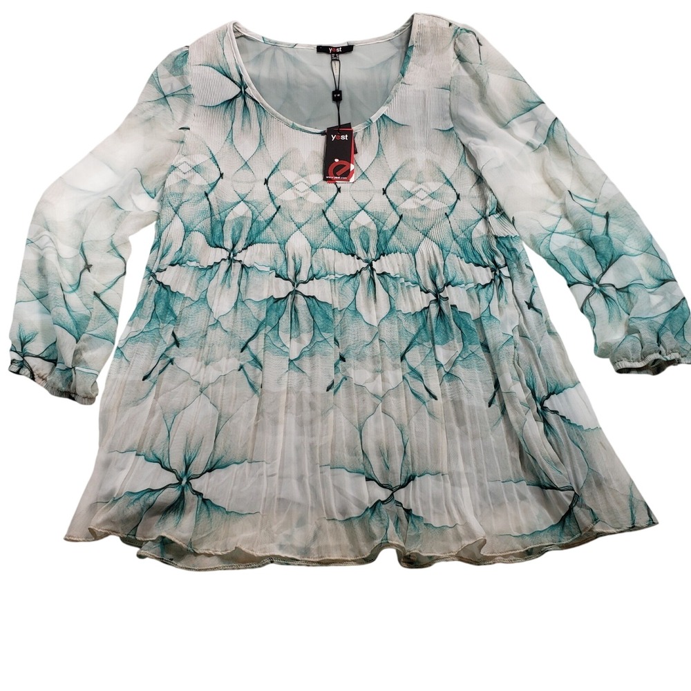 Yest Kelonda Blouse‎ Misty Green Floral Pleated Sheer Long Sleeve Tunic Top 44